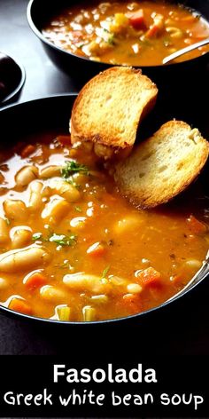 two pans filled with soup and bread on top of a table next to the words falsolada greek white bean soup