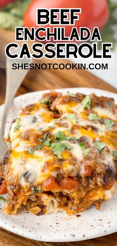 beef enchilada casserole on a white plate