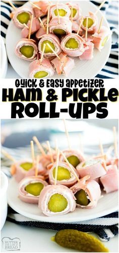 ham and pickle roll ups on a white plate