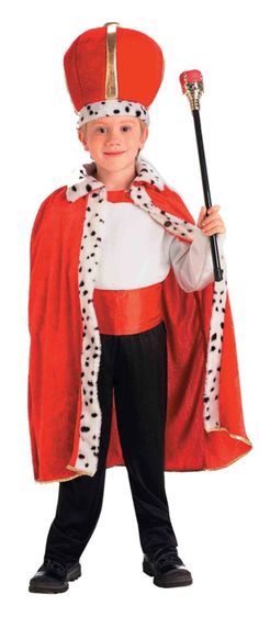 Description In order to be irreplaceable, one must always be different! Offer this robe and crown to make your child the king of any party. He must be too young to find a queen, right? Product Features: Red and white king robe and crown costume accessory Crown comes with a gold stripe on the middle and sides and fur around the bottom Robe with white fur with black dots down the lapels to the bottom of the robe Perfect for Halloween themed parties and much more Care instructions: Hand wash with cold water and mild detergent, line dry Do not bleach, do not iron Dimensions: One size fits most children Material(s): polyester Product Specifications Weight Width Height Depth 1.00 LBS 1.00" 1.00" 1.00" Crown Costume, Apple Costume, Quick Costumes, King Costume, Red Crown, White King, Halloween Costume Accessories, Kings Crown, Halloween Party Themes