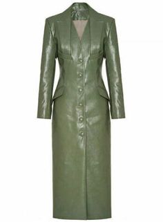 V The coat is made from 100% Genuine Lambskin Leather. v Soft & Smooth Leather Coat. Overall this exclusive coat is Stretchable & light on your body due to Soft Lamb leather & Comfortable to Wear. v Lining material inside coat is Polyester. Green Trench Coat, Long Overcoat, Long Leather Coat, Faux Leather Coat, Long Trench, Long Trench Coat, Stylish Jackets, Leather Trench Coat, Luxury Women