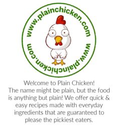 the chicken is standing in front of a sign that says welcome to plain chicken