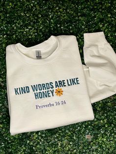 Embroidered white crew neck unisex sizing please allow two week turn around time Embroidered Quotes On Clothes, Crew Neck Sweatshirt Aesthetic, Christian Shirt, Christian Merch