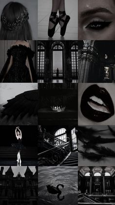 black and white photo collage with woman's face, lips, shoes and dress