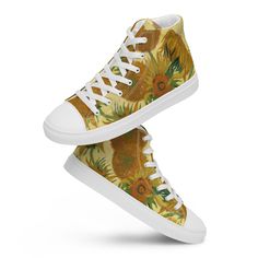 Introducing our Van Gogh Sunflowers Evergreen Art Shoes, a vibrant fusion of artistic expression and contemporary style. Inspired by Vincent Van Gogh's iconic masterpiece, these Women's High Top Canvas Shoes bring the beauty of sunflowers to life in a mesmerizing mismatched design. Crafted with meticulous attention to detail, each pair features Van Gogh's bold brushstrokes and radiant colors, creating a wearable work of art that's sure to brighten any ensemble. Whether you're exploring the city Green High-top Sneakers For Spring, Artistic Canvas Sneakers With Rubber Sole, Artistic Yellow Low-top Sneakers, High-top Sneakers With Rubber Sole For Summer, Summer High-top Canvas Shoes With White Sole, Summer High-top Canvas Shoes, Summer High-top Sneakers With Rubber Sole, Artsy Sneakers With Rubber Sole And Round Toe, Summer High-top Sneakers With White Sole