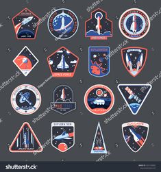 set of space badges and emblems on dark background