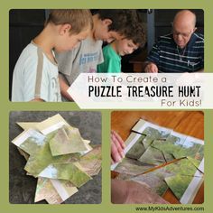 four pictures with the words how to create a puzzle treasure hunt for kids