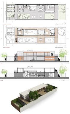 three different views of an open air kitchen and living room