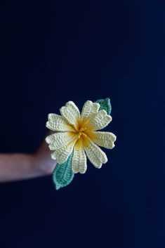 a crocheted flower is held in the palm of someone's hand, against a dark background