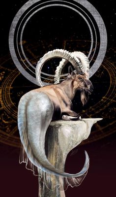 a goat with horns sitting on top of a rock in front of a circular design