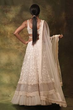 Ivory net lehenga with an attached cancan and pearls and resham thread embroidery. Comes with a padded blouse and a dupatta. - Aza Fashions Lehenga Pattern, Padded Blouse, Net Lehenga, Thread Embroidery, Set For Women, Deep V Neck, Aza Fashion, Deep V, Lehenga