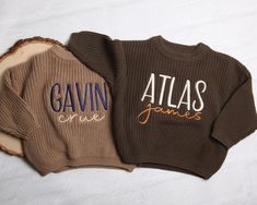 This personalized embroidered chunky knit sweater makes a perfect baby shower, birthday, or any occasion gift for a baby!  This sweater is both comfy & cozy which is PERFECT during the chilly seasons but can also be worn on the beach during sunset or while just lounging at home.   Your sweater will be embroidered with the name or words of your choice, in the fonts shown in the photos. Please note: These sweaters are meant to fit oversized. If you would like your sweater more fitted size down. Personalized Baby Sweater, Boy Embroidered Sweater, Baby Name Sweater Knit, Baby Name Embroidery Sweater, Embroidered Name Sweater, Baby Sweater With Name, Embroidered Baby Name Sweater, Boho Baby Boy, Boys Knit Sweaters