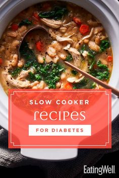 a bowl of slow cooker recipes for diabets with the title overlay