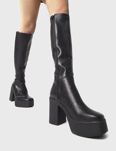 Trending Slick Nicks Wide Fit Knee High Boots: elegant design, platform sole, 4-inch heel. Add height and style to any outfit. Ethical and cruelty-free. Perfect for wide calfs! Platform Knee High Boots, Knee High Platform Boots, Clothing Wishlist, Funky Shoes, Vegan Boots, Boots Knee, Wide Calf, Chunky Boots, Boots For Sale