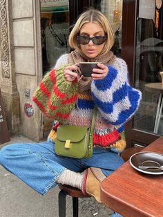 TAVIMART - Casual Knitted Colorful Stripes Sweater Women Fashion O Neck Puff Long Sleeves Short Pullover Autumn Lady High Street Jumper