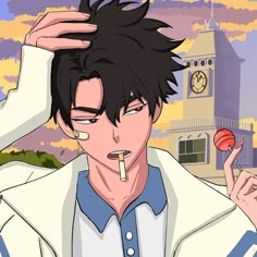 an anime character holding a lollipop in front of a building with a clock tower