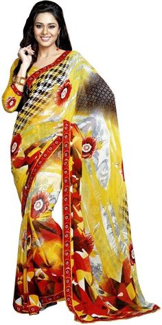 Khoobee Presents Yellow,Multi Color Printed Georgette Saree With Unstitched Bhagalpuri Blouse Piece. Having Absolute Great Designs. Charming Color Combination Makes It More Able. Ideal For Parties And Festivals. #mascara #lipstick #primer #instamakeup Fitted Yellow Georgette Saree, Yellow Sarees, Unstitched Yellow Bandhani Print Saree, Yellow Saree With Printed Border, Lahariya Saree Yellow, Yellow Shibori Saree, Yellow Saree