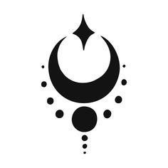 a black and white image of a crescent with dots around it on a white background