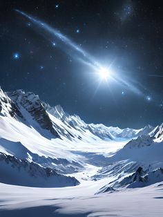 an artist's rendering of a snowy landscape with mountains and stars in the sky