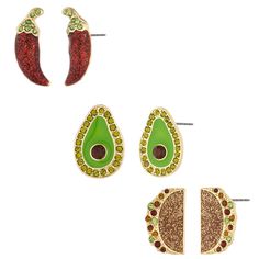 PRICES MAY VARY. 【Funny Earrings】:This fun dangle earring set includes Chile Pepper, Avocado and Tacos, Pave Rhinestone style, sparkling, cute everyday jewelry. 【Unique Design】: These latest unique designed earrings are very cute and interesting and will make you look more lively and cheerful, very suitable for girls or ladies to stand out. These are also hypoallergenic high-quality earrings. 【High-Quality Material】: Our latest design style is very unique, all made of high-quality zinc alloy mat Taco Earrings, Watermelon And Lemon, Funny Earrings, Bat Earrings, Stud Earrings Set, Pearl Studs, Fun Earrings, Everyday Jewelry, Cute Earrings