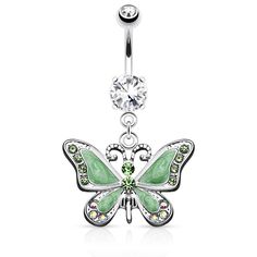 a green and white butterfly belly button navel bar with crystal stones on the end