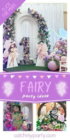 fairy themed party ideas with pink and purple flowers, teddy bears, balloons and decorations