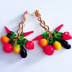 Maxi Earrings with Murano, glass fruits and vintage 60's pieces. Combined shipping. Vintage Multicolor Czech Glass Earrings, Handmade Czech Glass Earrings For Party, Handmade Costume Jewelry Earrings For Party, Party Earrings With Dangling Glass Beads, Multicolor Czech Glass Beaded Earrings For Party, Unique Party Earrings With Dangling Beads, Handmade Retro Party Earrings, Retro Handmade Earrings For Party, Handmade Retro Earrings For Party