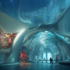 people are walking through an underwater tunnel in the middle of a building that has been designed to look like it is floating on water