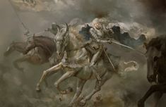 a man riding on the back of a white horse next to two other men in armor