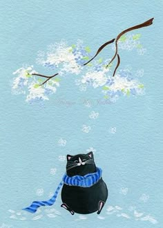 a painting of a black cat sitting in the snow with a blue scarf around its neck