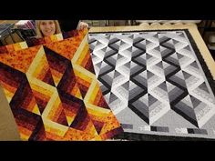 two quilts that have been made with different colors and shapes, one is orange, the other is black