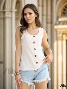 Zlily - Casual Womens Solid Button Front Tank Top, Sleeveless Crew Neck Summer Apparel Summer Apparel, Fabric Medium, Top Sleeveless, Collar Styles, Scoop Neck, Summer Outfits, Tank Top, Solid Color, Crew Neck