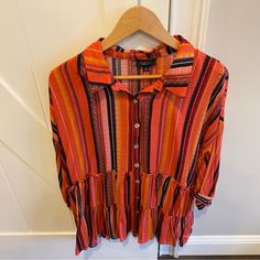 New With Tags Multi Colored Button Up Tiered Tunic Top. Flowy Fit With 3/4 Sleeves. Size Small. Orange Buttoned Top For Vacation, Orange Button-up Blouse For Vacation, Orange Beach Tops With Button Closure, Orange Tops With Buttons For Day Out, Recycle Clothes, Babydoll Top, Black Orange, Tunic Top, Orange Black