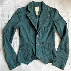 "Epic Vintage Diesel turquoise denim jacket * Notched collar * Green embroidered trimmings * pockets are waist * single breasted button closure * form fitting * stretchy * 100% cotton The most vibrant turquoise denim with a flattering silhouette. size S Flat measurements: chest - 18\" waist - 14\" length - 24\" sleeve length - 25.5\" In pristine condition." Green Button-up Cotton Blazer, Green Cotton Button-up Blazer, Green Cotton Denim Jacket With Pockets, Fitted Cotton Blazer With Pockets, Trendy Cotton Blazer With Pockets, Green Button-up Cotton Denim Jacket, Green Cotton Button-up Denim Jacket, Fitted Cotton Blazer With Patch Pockets, Casual Green Cotton Blazer