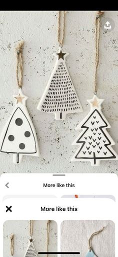 three wooden christmas ornaments hanging from strings on a white wall with text that reads, more like this more like this