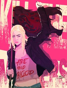 two people standing next to each other in front of a pink background with the words fire and blood written on them