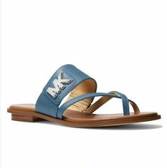 Michael Kors Sydney Flat Sandal, Denim Color, Size 9, Tumbled Leather Black And White Flip Flops, Gold Espadrilles, Gold Flip Flops, Michael Kors Wedges, Strappy Flats, Wedge Espadrilles, Denim Color, Flip Flop Shoes, Open Toe Sandals