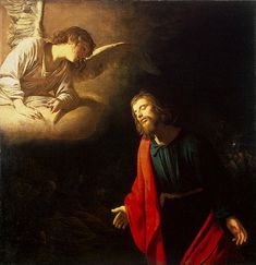 a painting of an angel and a man kneeling down