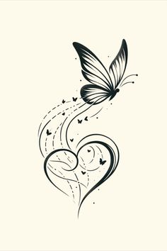 a black and white drawing of a butterfly flying over a heart