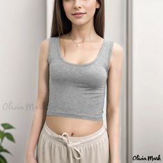 Olivia Mark - Stylish Innerwear: Petite Camisole with Built-in Support and Chic Exposed Midriff Casual Gray Tank Top With Built-in Bra, Casual Gray Crop Top With Built-in Bra, Basic Sleeveless Top With Built-in Bra, Seamless Sleeveless Gray Crop Top, Gray Seamless Sleeveless Crop Top, Gray Sleeveless Seamless Top, Gray Seamless Sleeveless Top, Basic Gray Sleeveless Tops, Basic Sleeveless Bra-friendly Crop Top