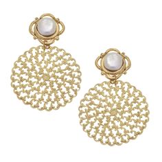 Handcast Gold with Genuine Coin Pearl Pierced Earrings Handmade in San Antonio, TX Gold Ear Jacket, Ear Jacket Earring, Coin Pearls, Statement Earring, Filigree Earrings, 24kt Gold, Gold Filigree, Pearl Gemstone, Stunning Earrings