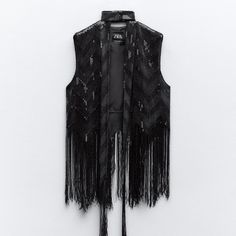 Fringed Sequin Vest With Choker Open Front Vest . Sequin Detail And Tonal Choker . Fringed Hem . Color: Black Outer Shell 93% Polyester 7% Elastane Lining 100% Polyester New With Zara Models, Fringe Cape, Womens Waistcoat, Sequin Vest, Black Waistcoat, Sequin Jacket, Black Choker, Black Fringe, Zara Jackets