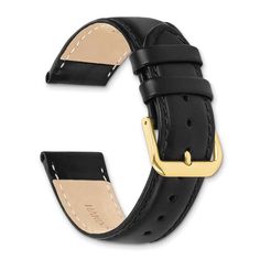 Calf leather band, gold-tone, stainless steel buckle, black, 3.5mm thick. Product Specifications - Length of Item : 7.5 in - Material : Accents : Stainless Steel - Watch Band Material : Leather - Material : Accent Color 1 : Gold Tone - Clasp /Connector : Buckle - Width of Item : 20 mm - Watch Band Width : 20 - Watch Band Width U/M : mm - Product Type : Accessory - Material : Primary - Color : Black - Height : 3.5 mm How do I know what width watch band I need? To determine the width of the watch band/strap, you can measure the band/strap that you currently have. If you don't have a band or strap, you should measure the width between the case lugs of your watch (see the image below.) Watch bands/straps are measured in millimeters (mm) , so be sure to use a ruler or measuring tape with millim Watch Accessory, Luxury Timepieces, Unisex Watches, Leather Watch Strap, Leather Silver, Women's Watch, Stainless Steel Watch, Black Watch, Leather Band