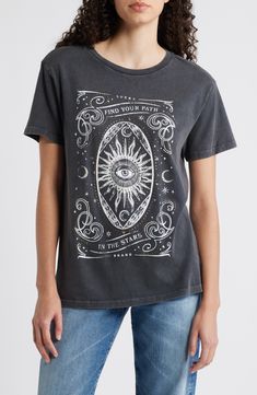 Metallic studs enhance the celestial design of an all-cotton T-shirt that encourages you to realize your destiny. 26 1/2" length (size Medium) Crewneck Short sleeves 100% cotton Machine wash, tumble dry Imported Celestial Design, Jet Black, Destiny, Lucky Brand, Cotton Tshirt, Graphic T Shirt, Tee Shirts, Finding Yourself, Short Sleeves