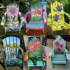 colorful painted lawn chairs sitting in the grass