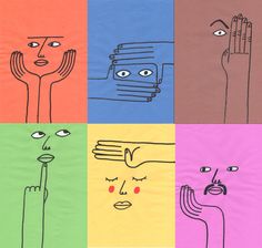 four different colored squares with faces and hands drawn on them, each depicting an individual's face