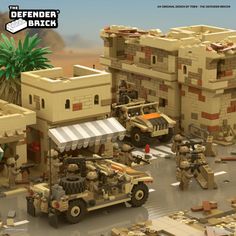 an image of a lego army base with soldiers and vehicles in front of it,