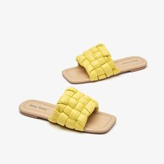 Characterized by the weaving design, these summer slippers made from PU get super comfort and breathability. The non-slip rubber outsole and flat heel make walking safer. Upper: 100% PU Lining: 100% PU Insole: 100% Microfiber Outsole: 100% Rubber Heel Height: 0.7 cm Weight: 0.8kg Casual Flat Slippers With Woven Sole, Yellow Beach Slides With Rubber Sole, Comfortable Yellow Flip Flops, Summer Flat Slippers With Textured Sole, Yellow Flat Slides For Vacation, Vacation Flat Slippers With Textured Sole, Summer Flats With Textured Sole In Synthetic Material, Summer Flats With Textured Sole, Synthetic, Summer Flats With Textured Sole