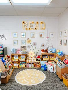 a child's playroom with toys and books