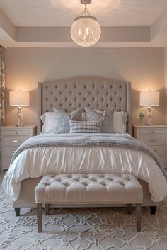 a bedroom with a large bed and two lamps on either side of the headboard